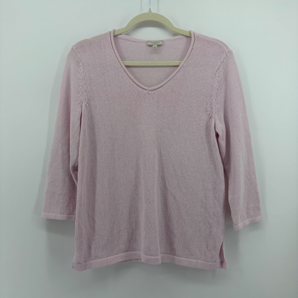 Talbots Womens SP Light Pink V-Neck Sweater 3/4 Sleeve Linen Blend Knit